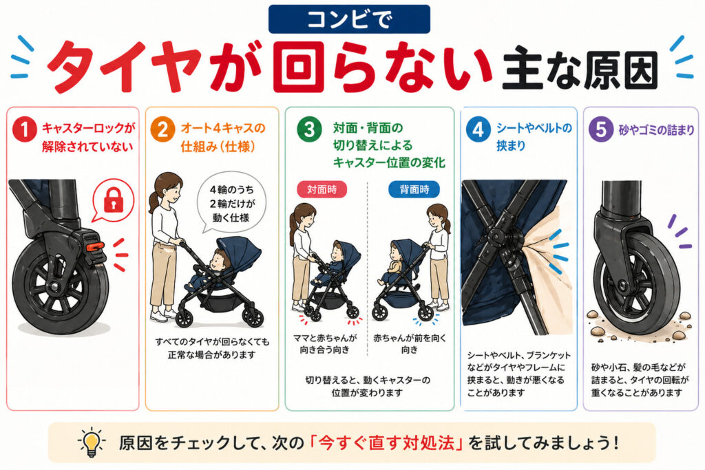 コンビ　タイヤが回らない主な原因まとめの画像